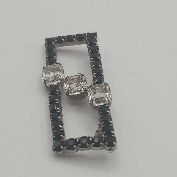 Vintage Brooch Silver-Black Toned Rhinestone Rectangular Fashion Jewelry Pin - Picture 11 of 12